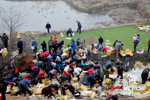 货车装20吨鸡蛋侧翻遭百余村民哄抢(组图)